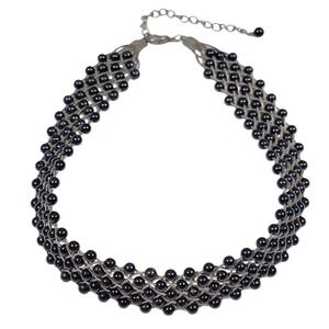 VTG 80s Black Beaded Woven Mesh Choker Necklace Silver Tone Flexible Goth Grunge